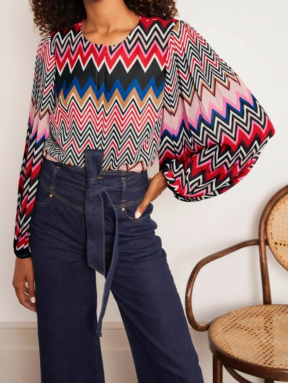 Boden Elsie Pleated Balloon Sleeve Chevron Print Multicolor Blouse Retro Top